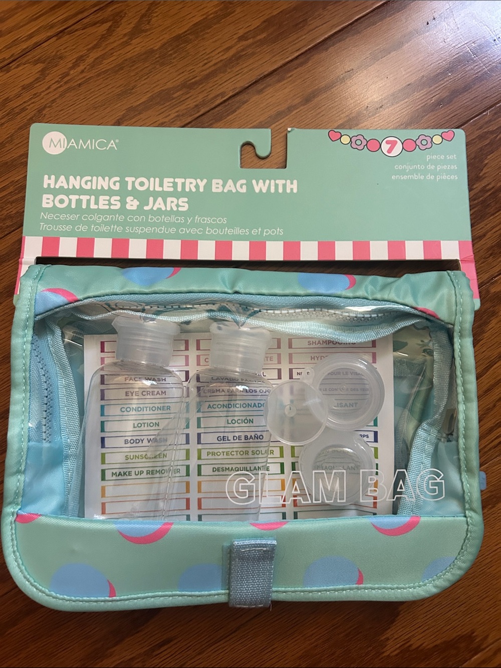 Miamica Aqua & Pink Travel Hanging Toiletry Bag with Reusable Bottles